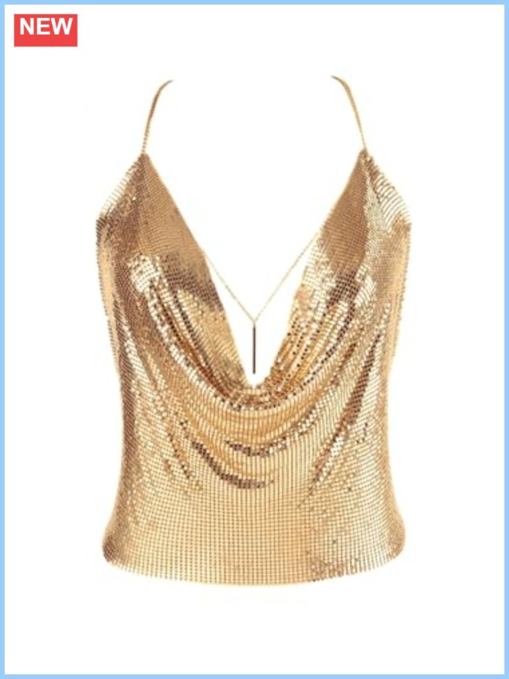 Women's Sequin Metal Mesh V-Neck Crop Tank Top, Body Chain Cami with Rhinestones